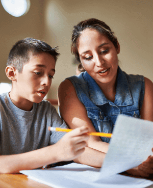 Child and parent reviewing test scores.