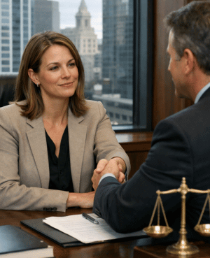 Attorney meeting with parent, representing collaborative divorce for parents and lower-conflict family law.